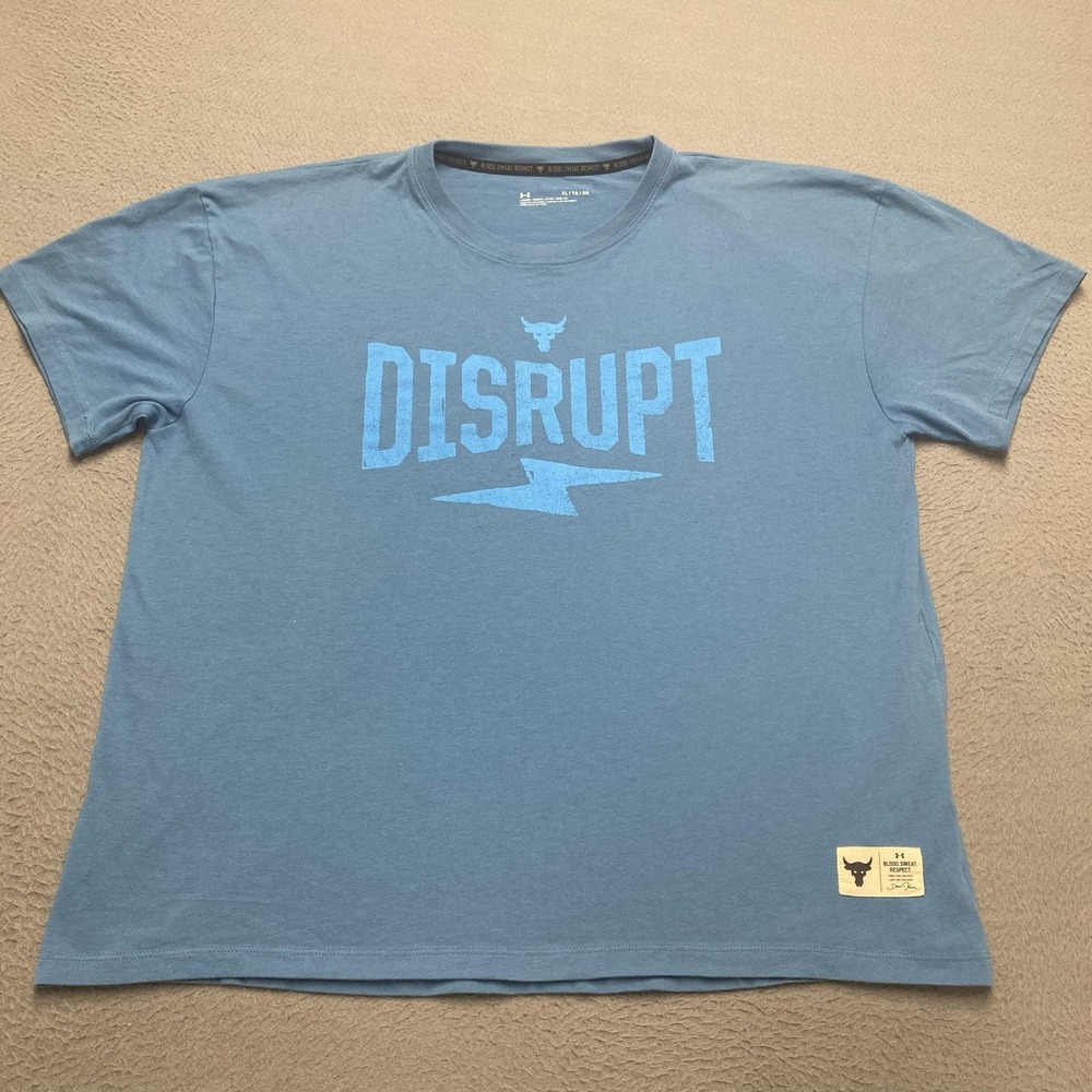 Under Armour Project Rock Shirt Mens XL Blue Disrupt Graphic Blood Sweat Respect